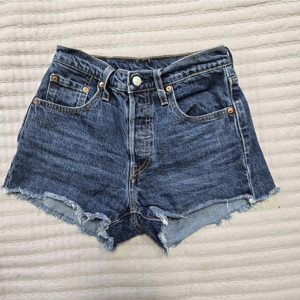 Levi's 501 Jean Shorts- Size 25 Blue Button Fly Raw Edge Demin Daisy Duke Cutoff
